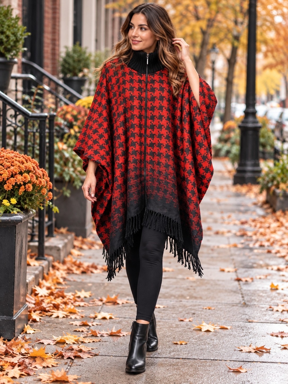 Marc New York Red & Black Houndstooth Zip Poncho Fringe Boho Festival Warmth
